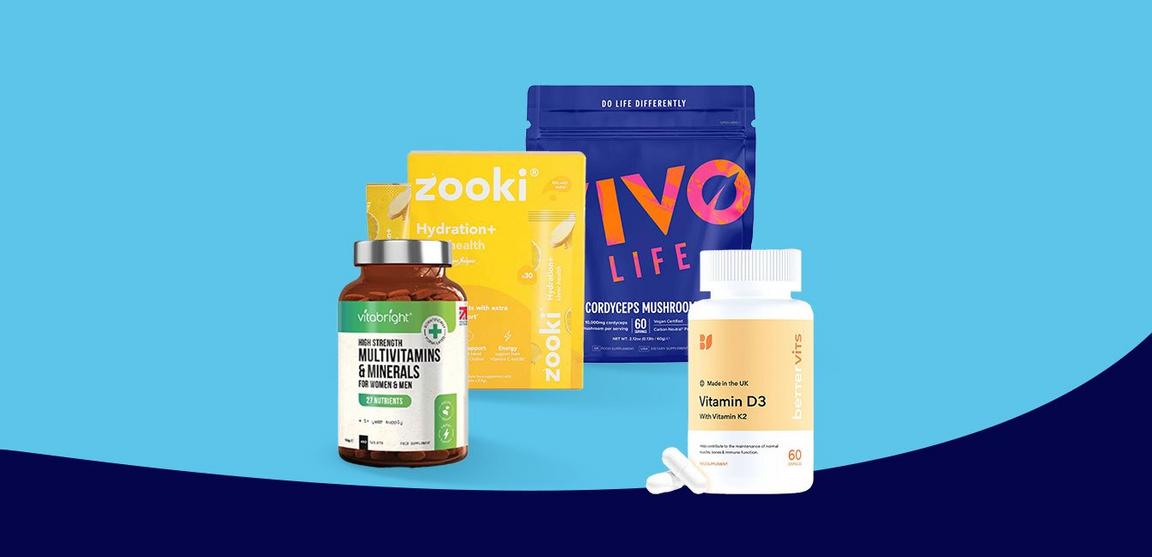 Four products on a blue background