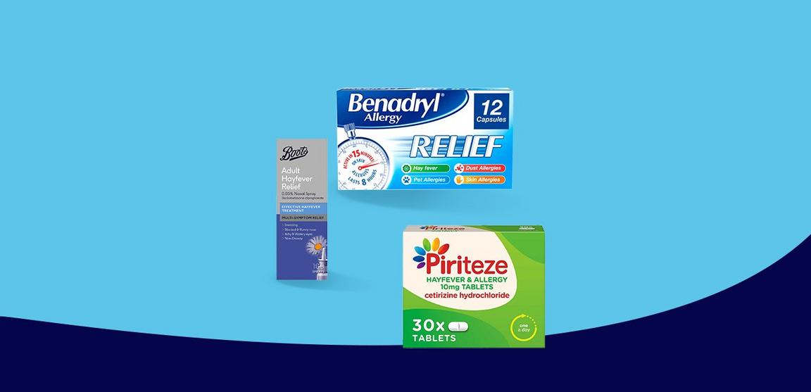 Three hay fever products on a blue background
