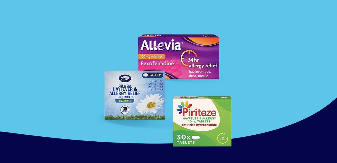 Three allergy relief products on blue and green background