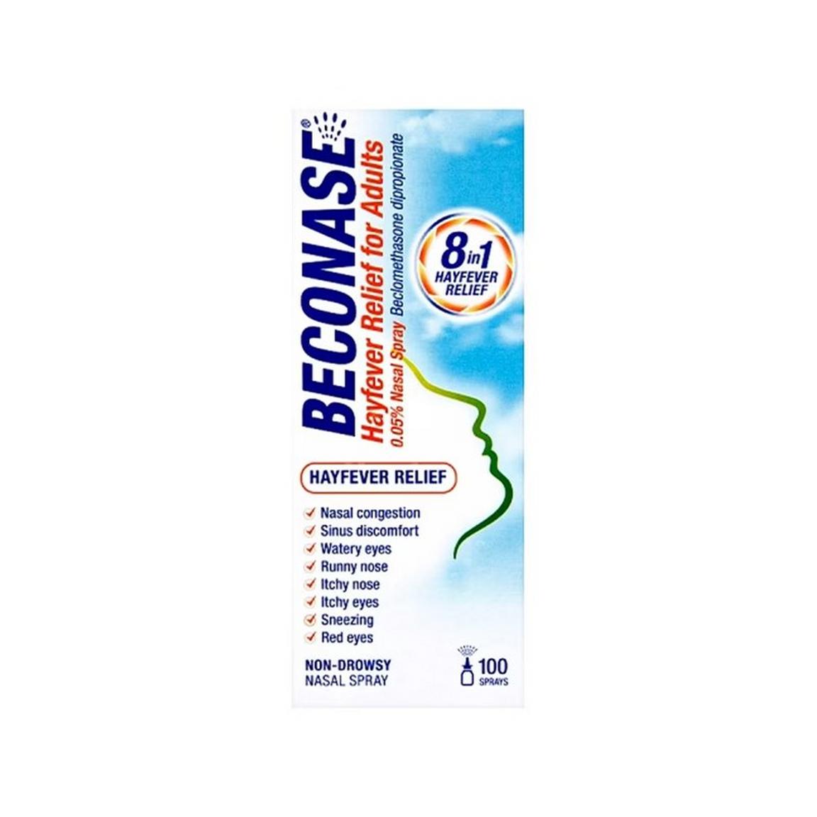 Beconase nasal spray packaging for hayfever relief with symptom list and spray quantity.