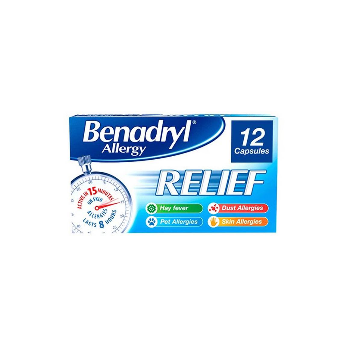Benadryl Allergy Relief 12 Capsules box with branding and allergy information.