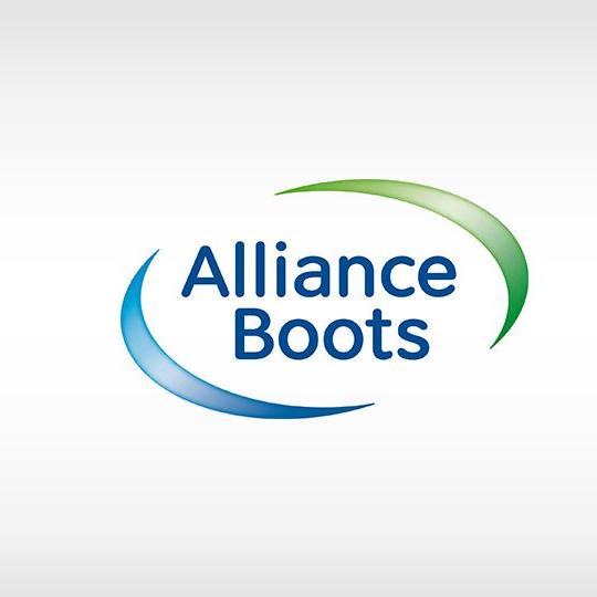 Alliance Boots logo with blue and green swooshes.