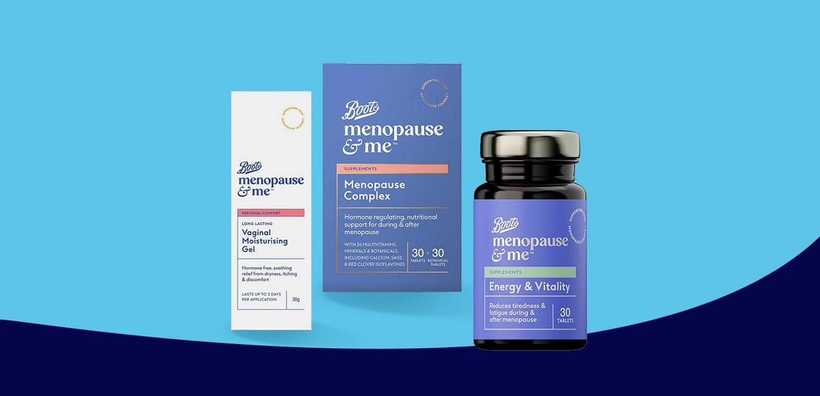 3 Boots Menopause & Me products sat on a blue background