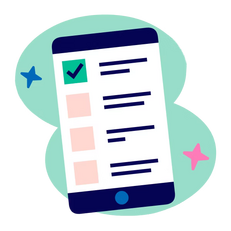 Illustration of a smartphone with a checklist on screen, surrounded by teal shapes and blue and pink stars.