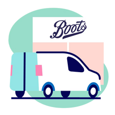 Illustrated van in front of a store with "Boots" sign.