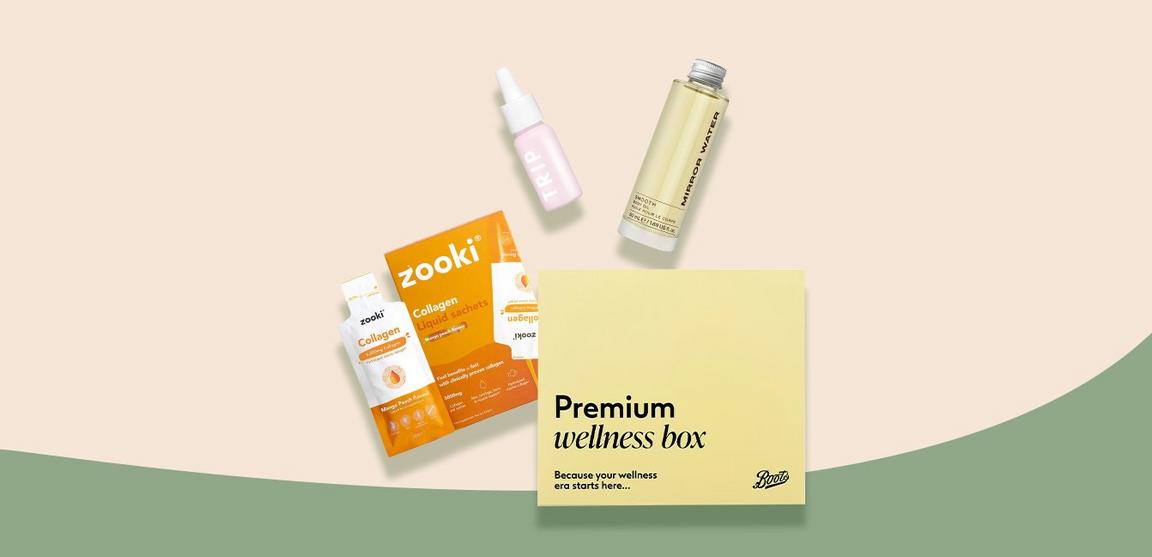 4 products on a beige and green background