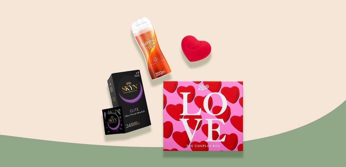 4 products on a beige and green background