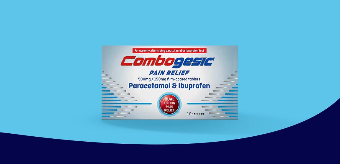 Combogesic pain relief package with 16 tablets containing Paracetamol and Ibuprofen.