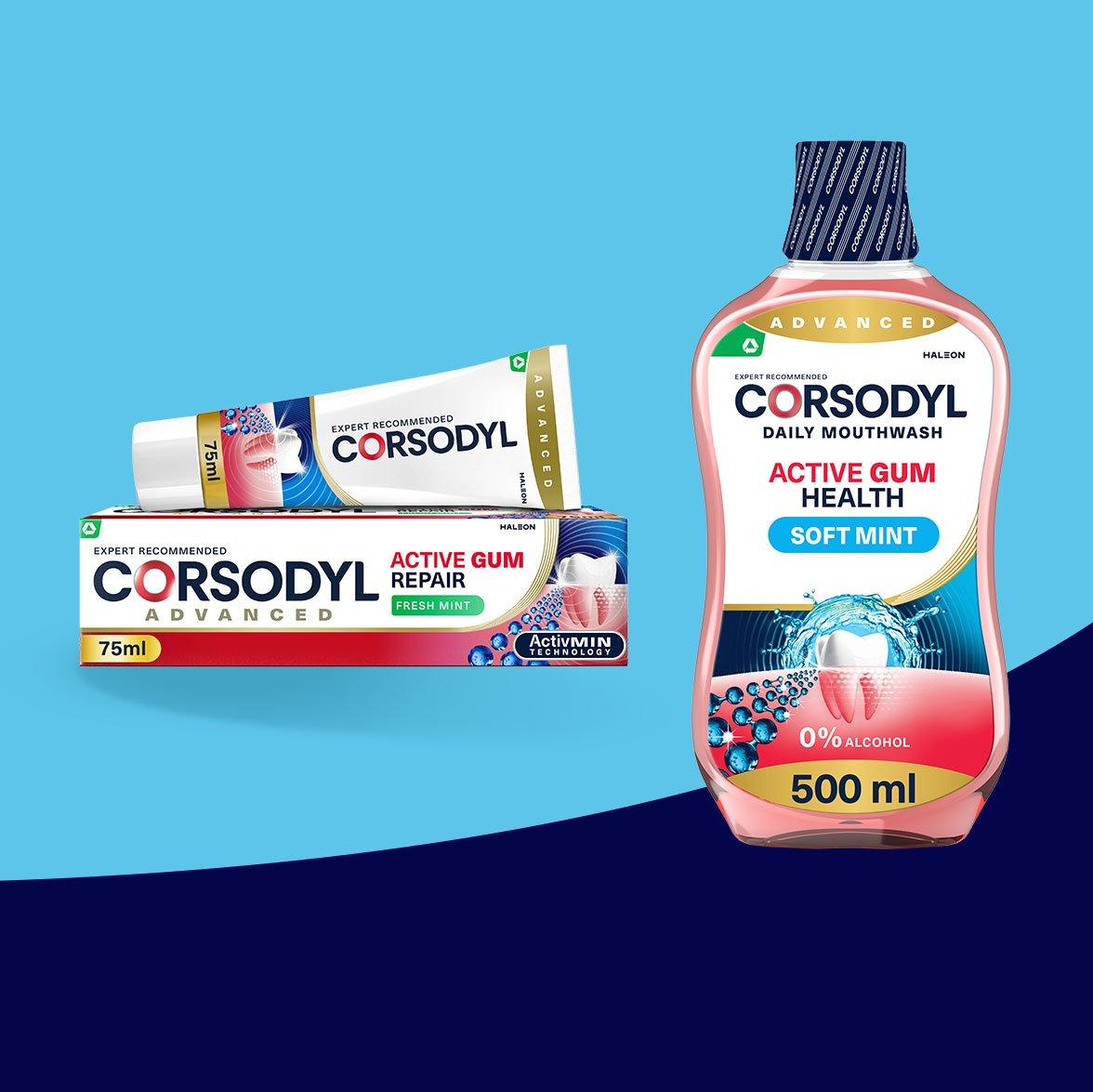 Two Corsodyl products on a blue background
