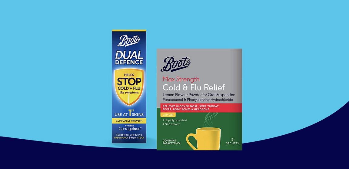 A box of Boots dual defence and a box of Boots max strength cold & flu relief against a blue background