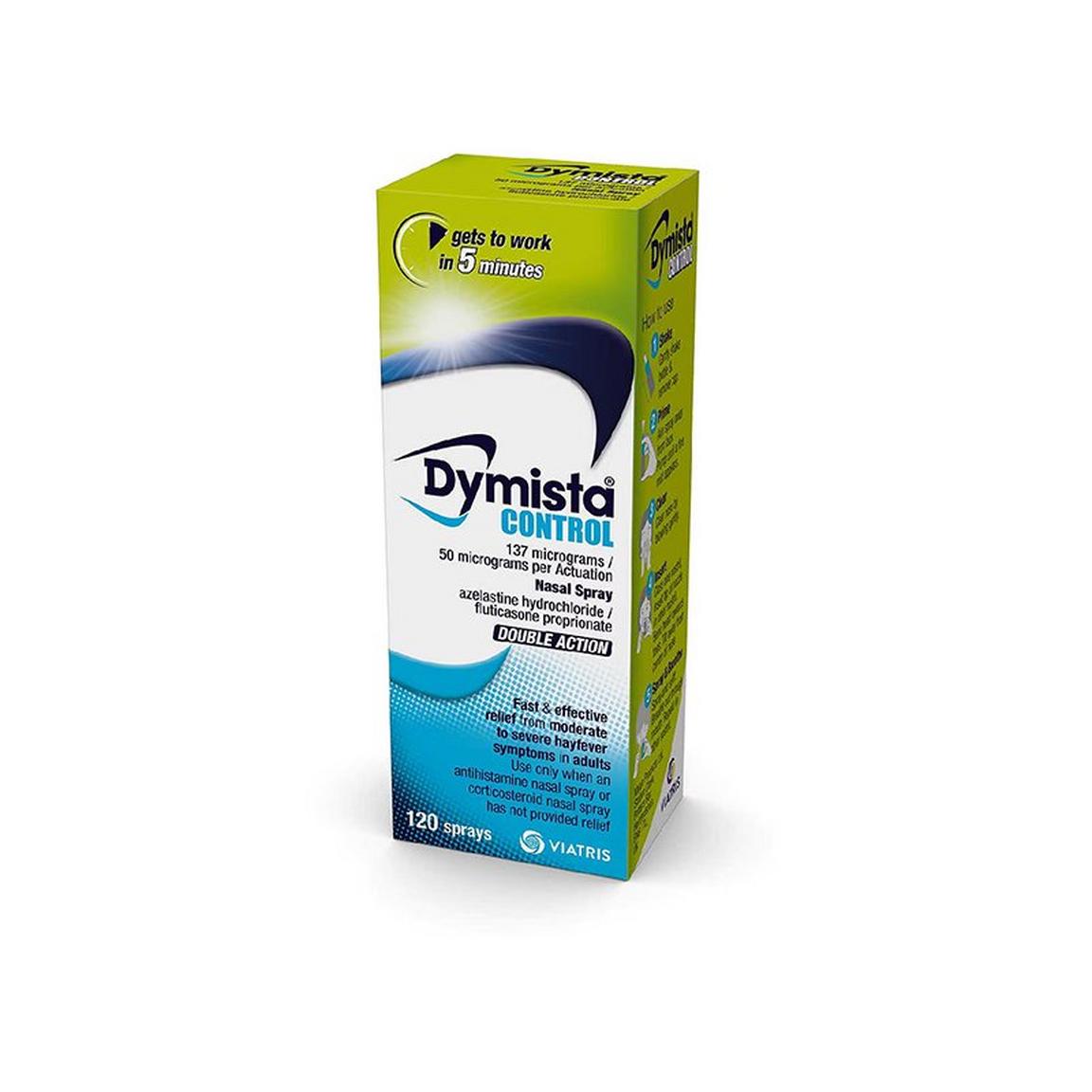 Box of Dymista Control nasal spray with green, blue, and white packaging.