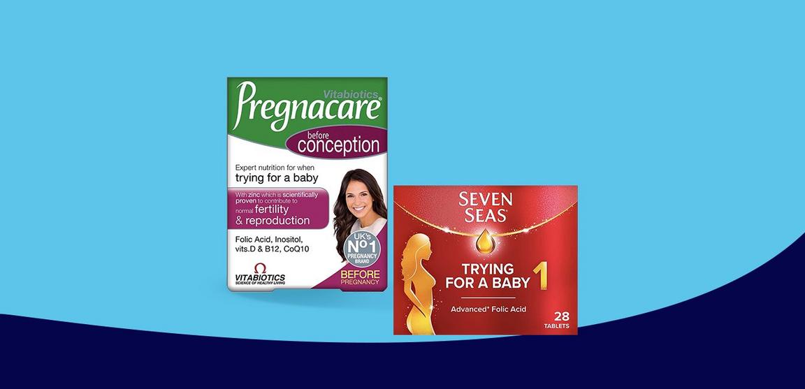A box of Pregnacare and a box of Seven Seas advanced folic acid tablets