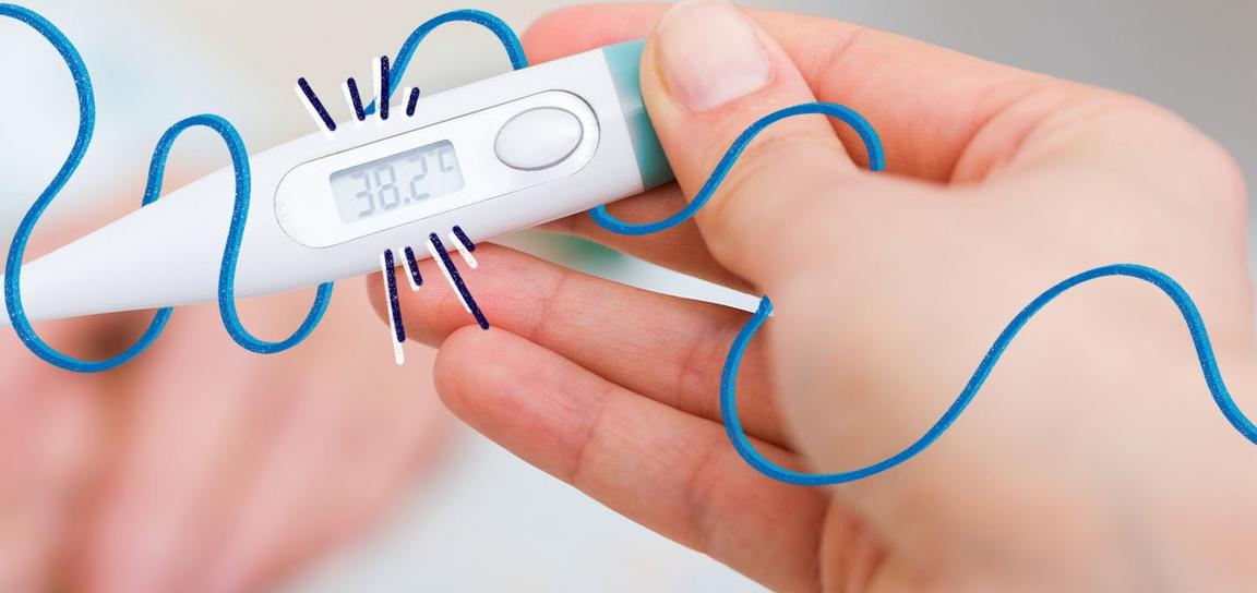 A hand holds a digital thermometer reading 38.2°C, with blue, wavy lines around it.