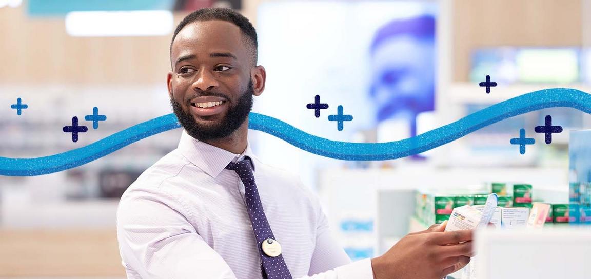 Man smiling in a professional setting with blue graphic elements.