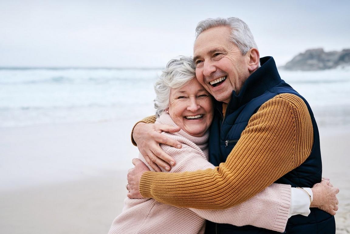 An older couple hugging and smiling on a beach.