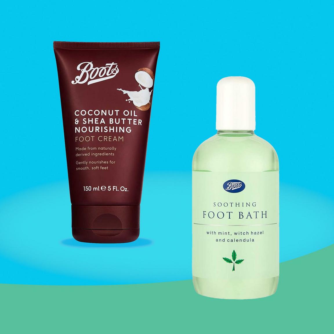 Two Boots brand foot care products: a maroon tube of Coconut Oil & Shea Butter Foot Cream, and a green-tinted bottle of Soothing Foot Bath.