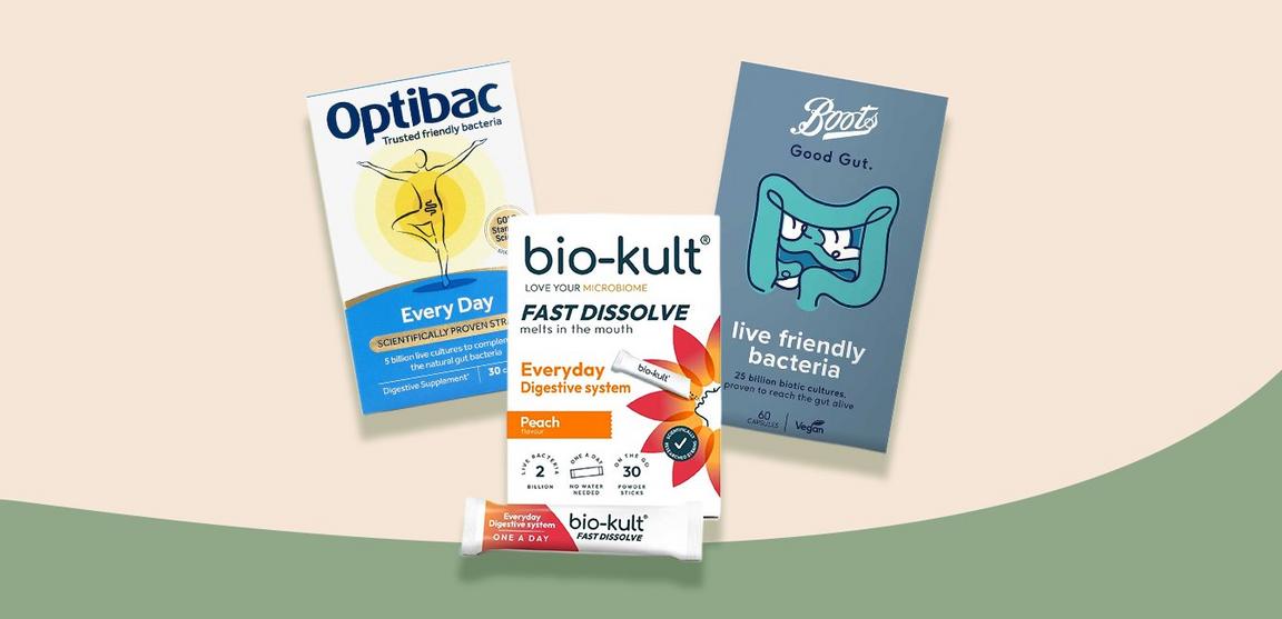 Three probiotic supplement boxes from Optibac, bio-kult, and Boots Good Gut.