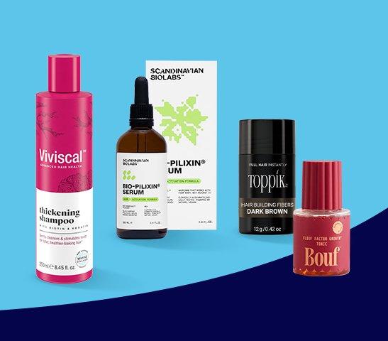Four hair loss products on a blue background