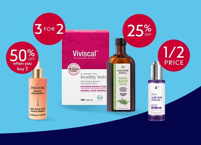 Four hair loss products on a blue background