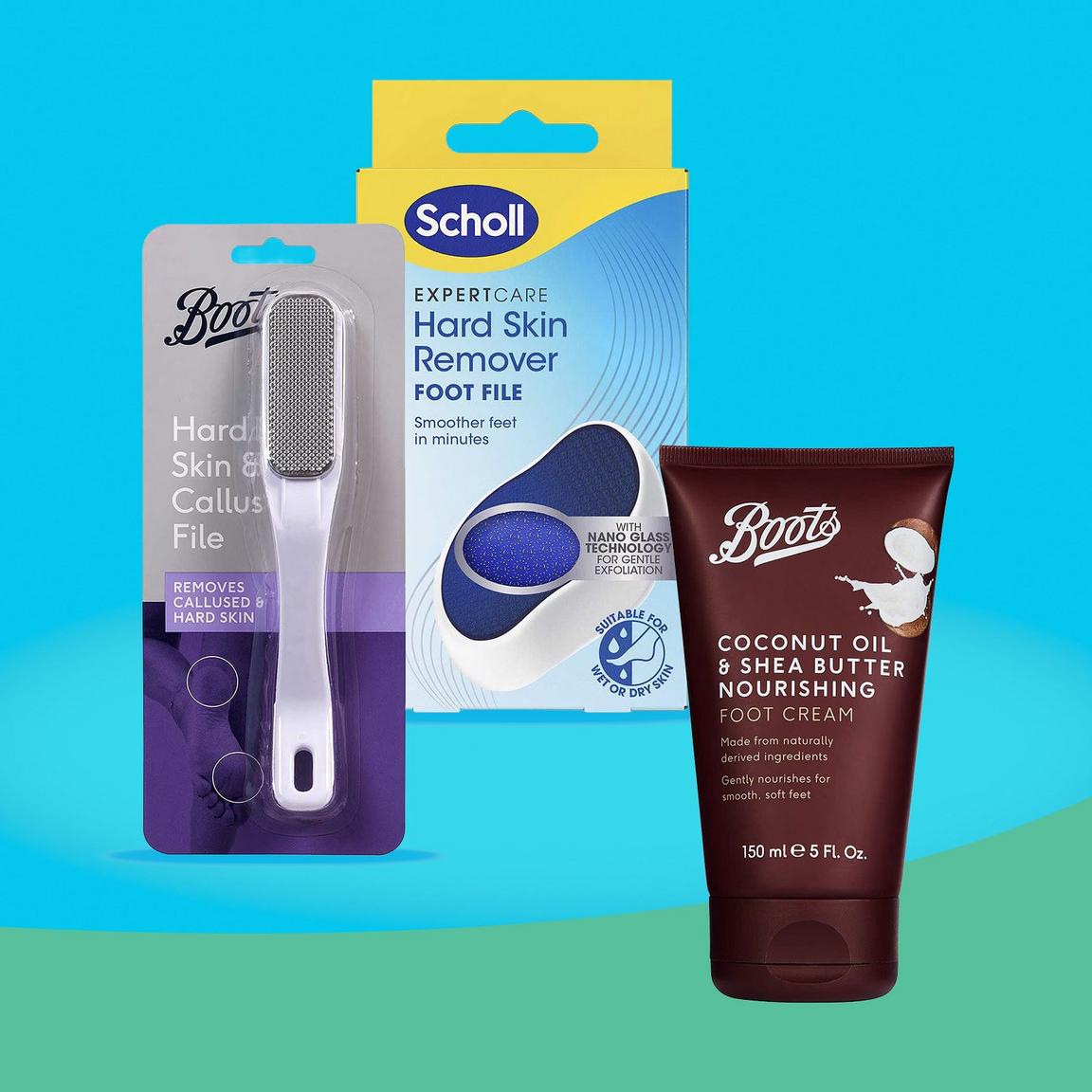 Three foot care products: a Boots foot file, a Scholl Hard Skin Remover, and a Boots Coconut Oil & Shea Butter Foot Cream tube.