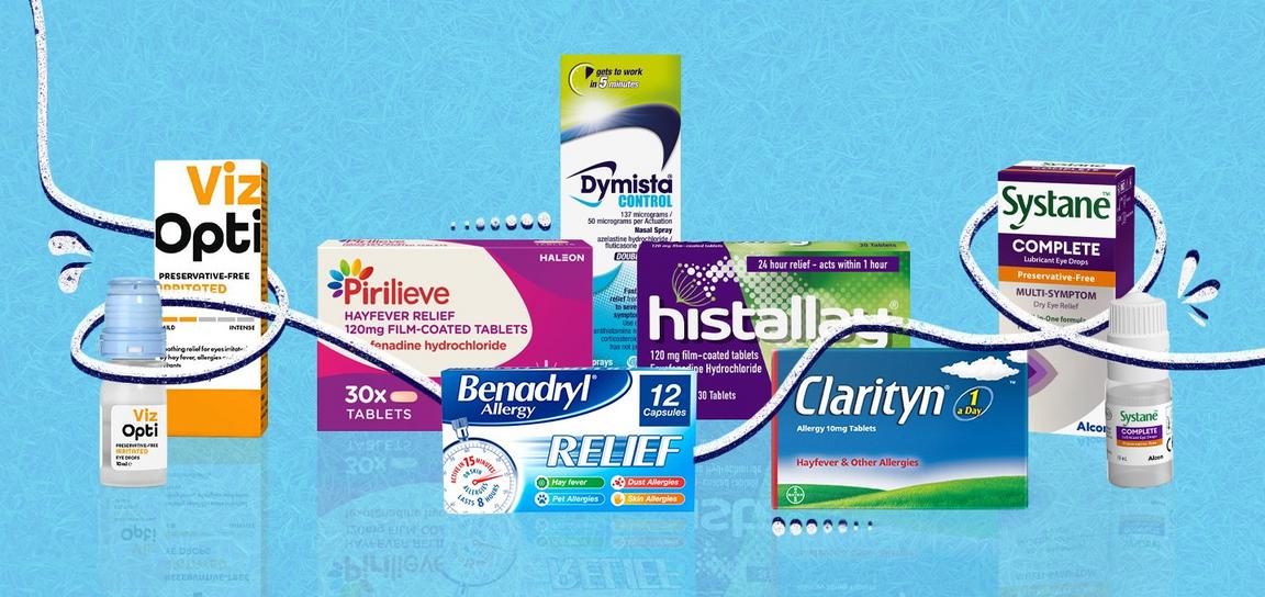 Various allergy and hayfever relief medication packages on a blue background, including brands like Viz Opti, Pirilieve, and Clarityn.
