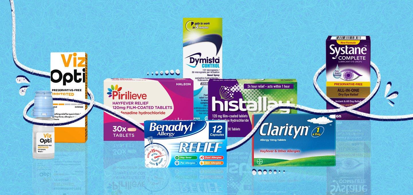A selection of allergy relief and eye drop products against a blue background.
