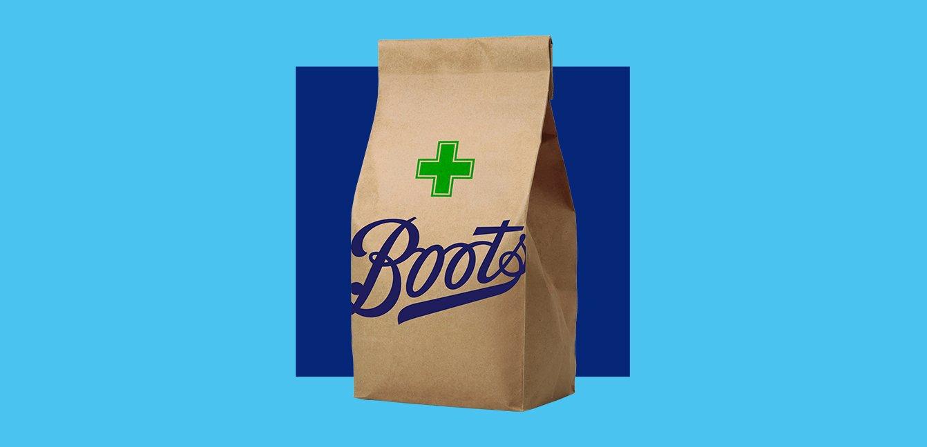 Boots prescription bag on blue background