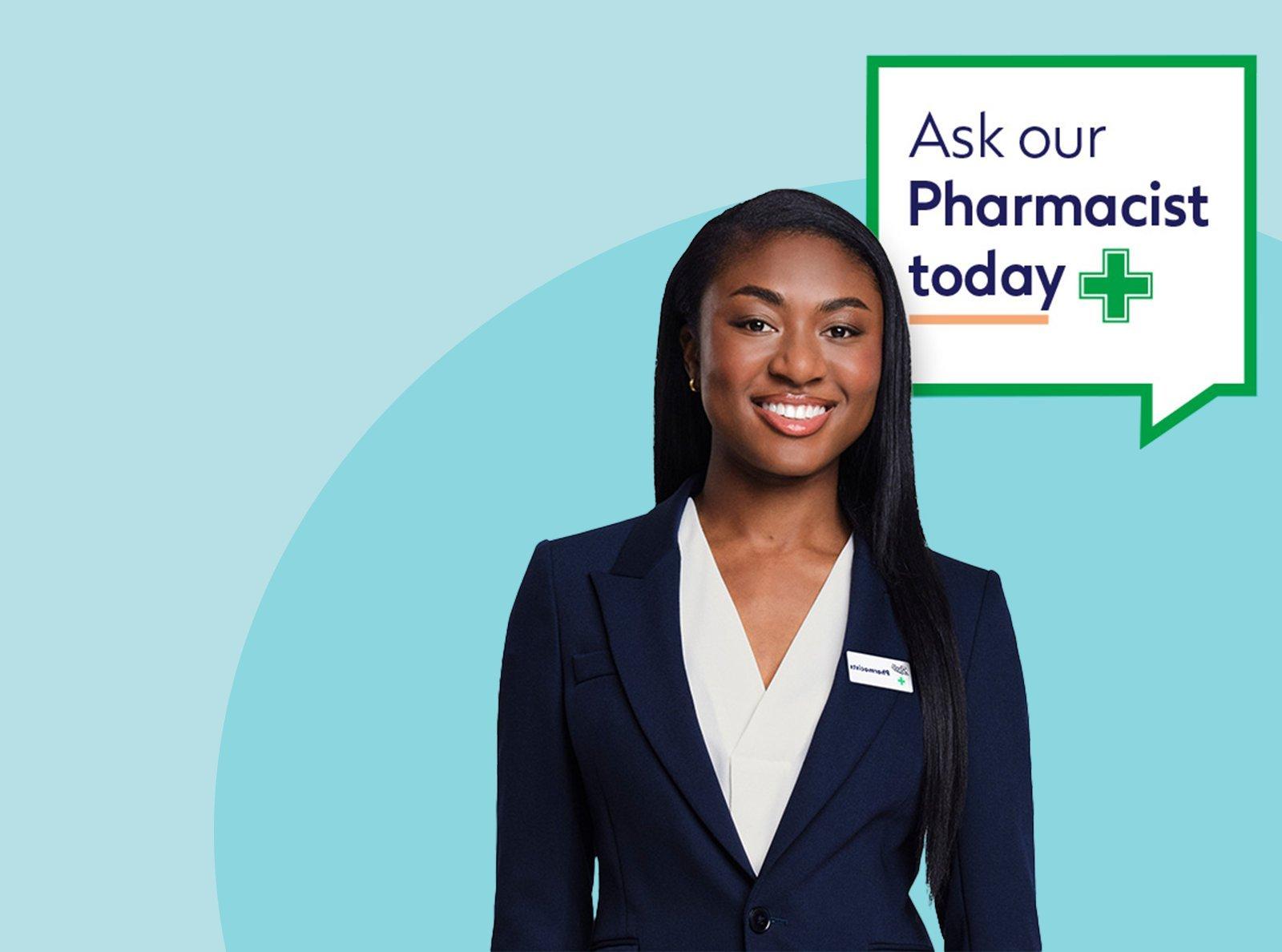 A person in a navy blazer stands against a blue background, with text in a speech bubble.