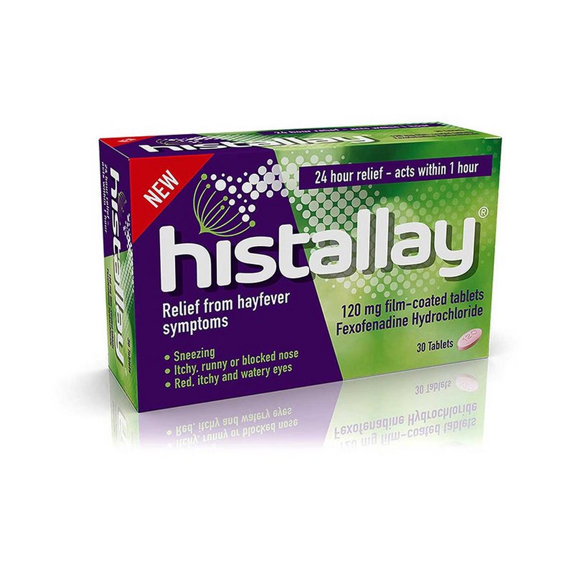 Box of Histallay 120 mg tablets for hayfever relief.