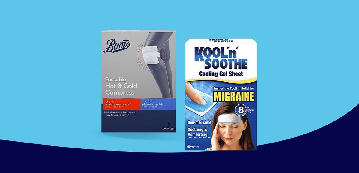 A box of Kool'n'soothe cooling gel sheets & a box of Boots reusable hot & cold compress