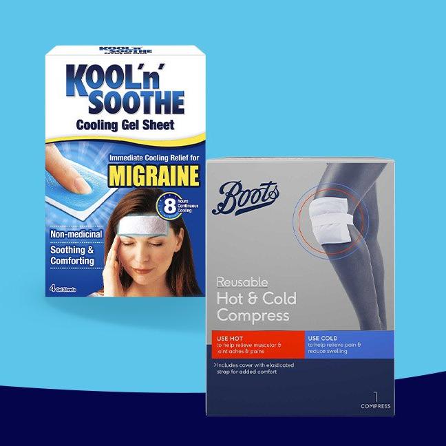 Two product boxes: Kool'n' Soothe Cooling Gel Sheet for migraines and Boots Reusable Hot & Cold Compress.