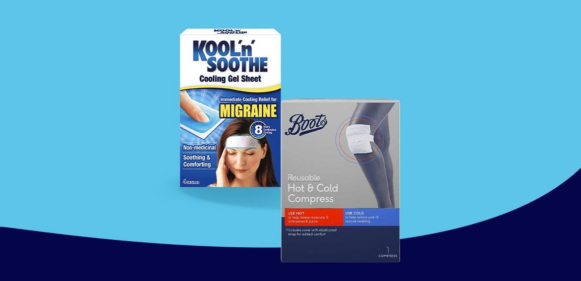 Two product boxes: Kool'n' Soothe Cooling Gel Sheet for migraines and Boots Reusable Hot & Cold Compress.