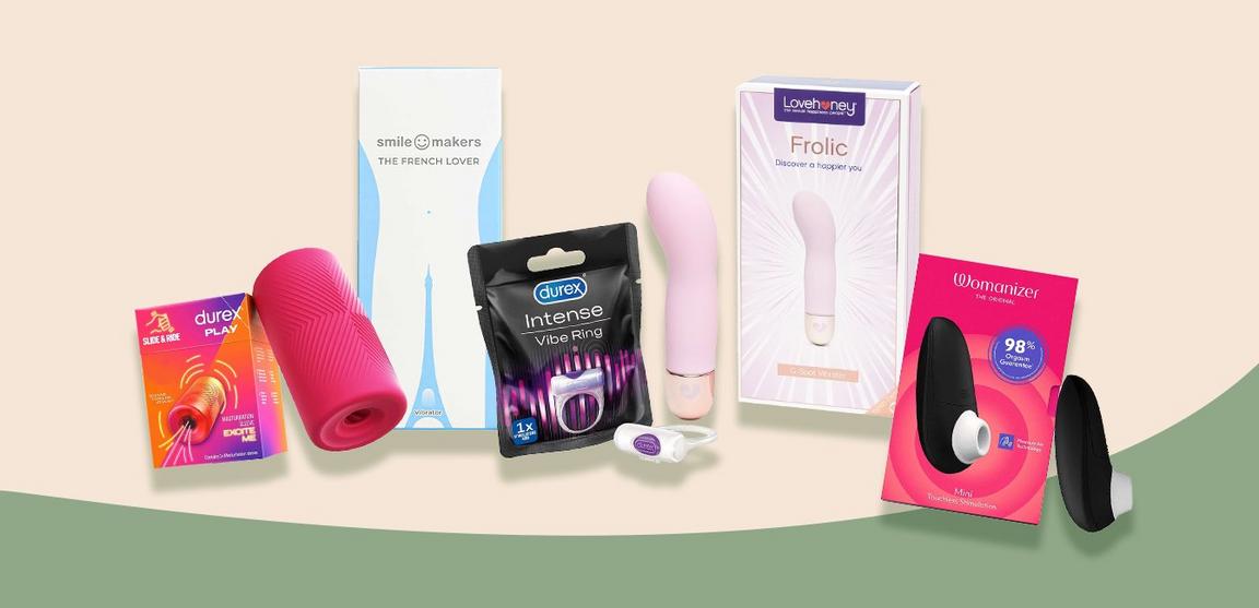 5 different types of adult toys against a light blue background