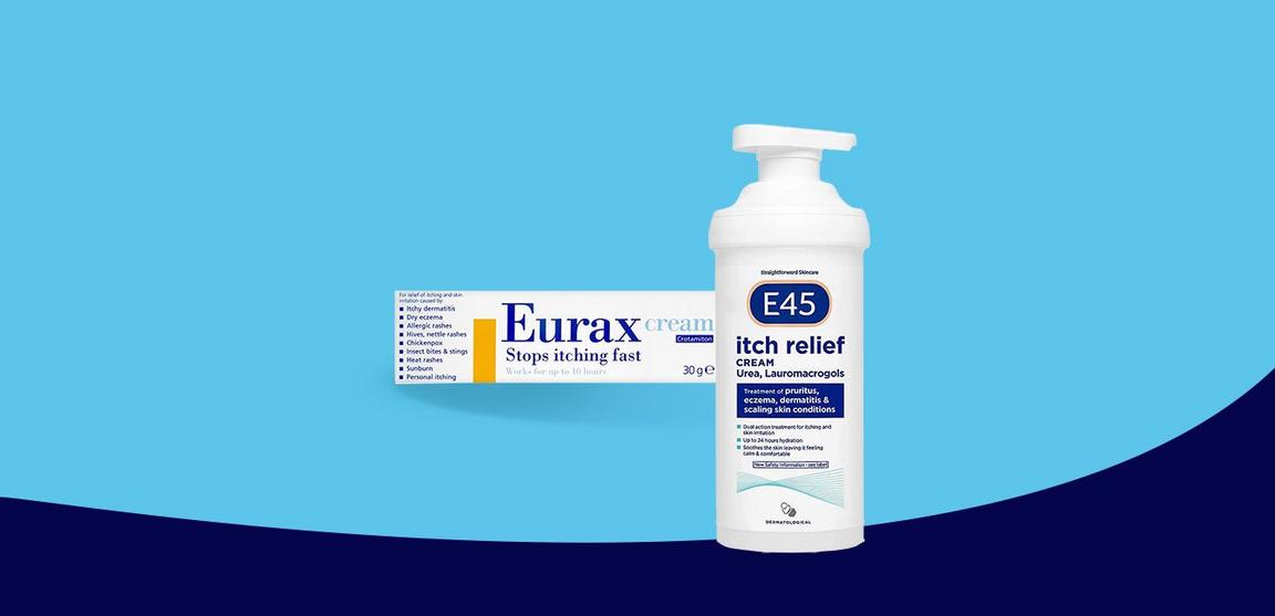 Two skincare products: Cetraben Itch Relief Balm and Eurax cream, displayed on a blue background.
