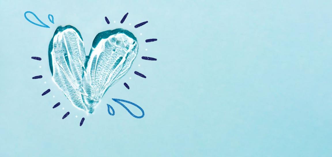 A clear heart on a blue background surrounded by blue line
