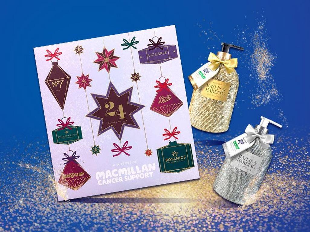 A lilac Macmillan Cancer Support advent calendar beside two sparkling hand wash bottles