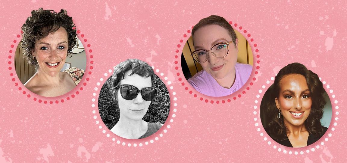 A collage of 4 people, each with their picture in a circle surrounded by white and pink dots, all on a pink background