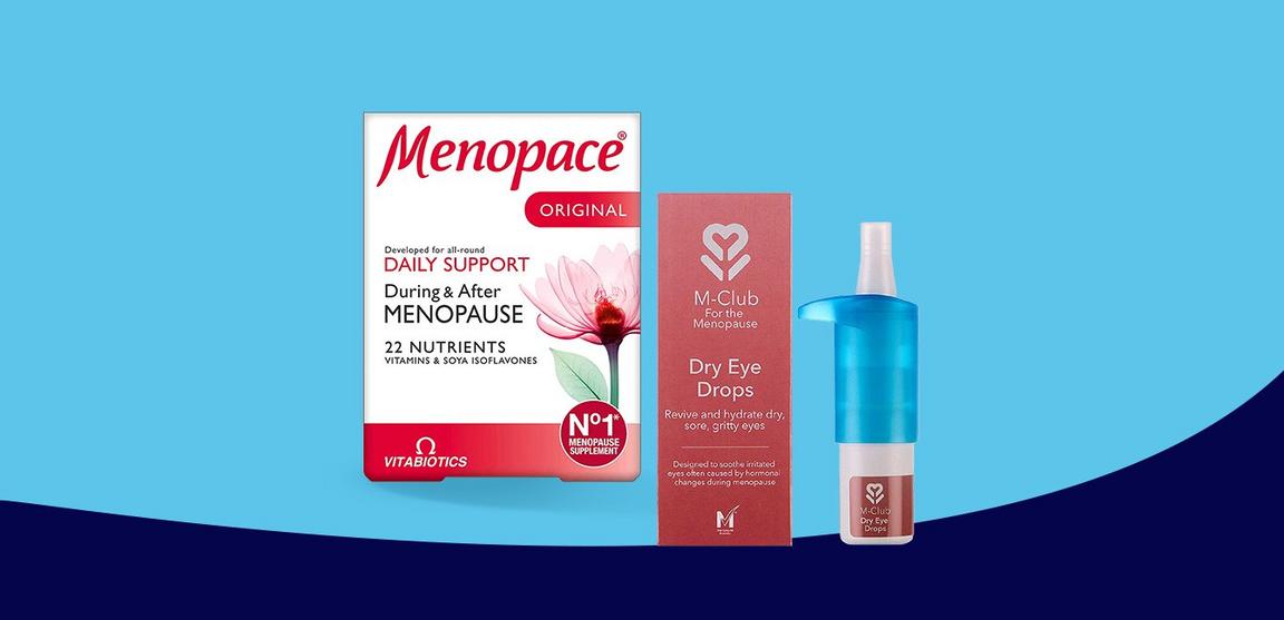 Two menopause-related products: M-Club Dry Eye Drops and Menopace Original supplement