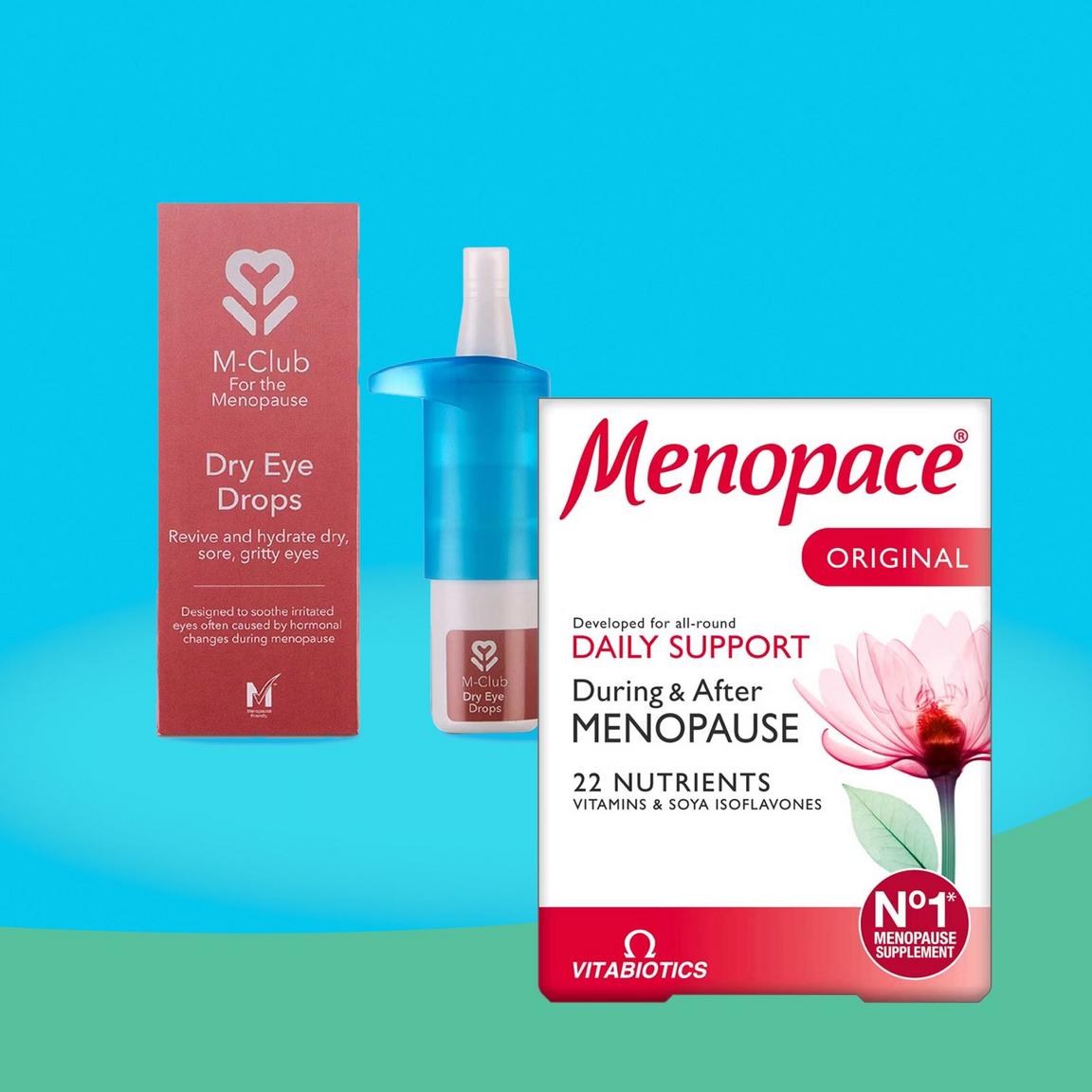 Two menopause-related products: M-Club Dry Eye Drops and Menopace Original supplement