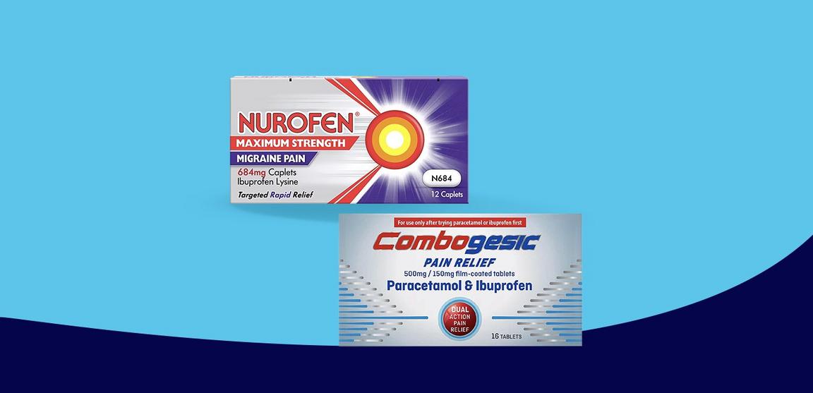 A box of Nurofen migraine pain 684mg caplets & a box of Combogesic pain relief paracetamol & ibuprofen