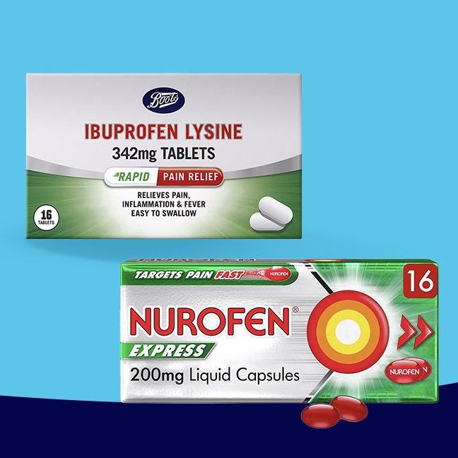 A box of Nurofen Express 200mg liquid capsules & a box of Boots ibuprofen lysine 342mg tablets