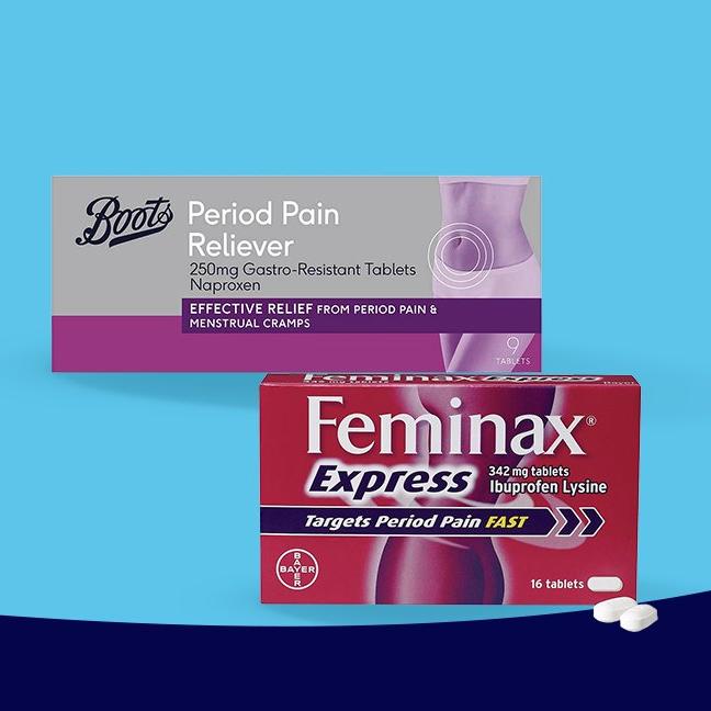 A box of Boots period pain wireless pain reliever & a box of Feminax express tablets