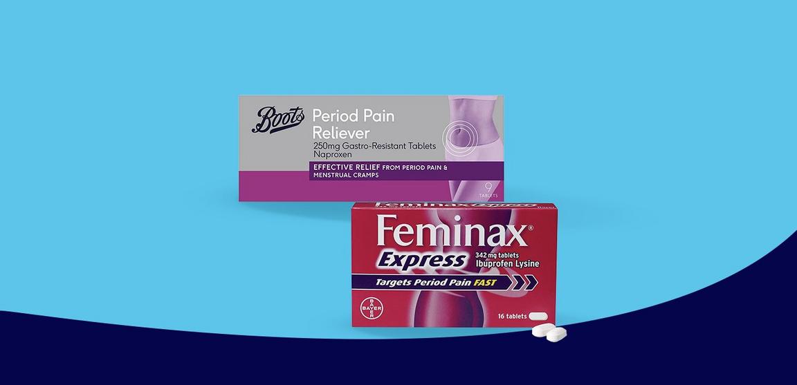 A box of Boots period pain reliever 250mg tablets & a box of Feminax 342mg tablets