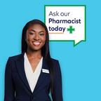 A woman wearing a shirt and tie next to a speech bubble reading, "Ask our Pharmacist today," with NHS logo on a green background