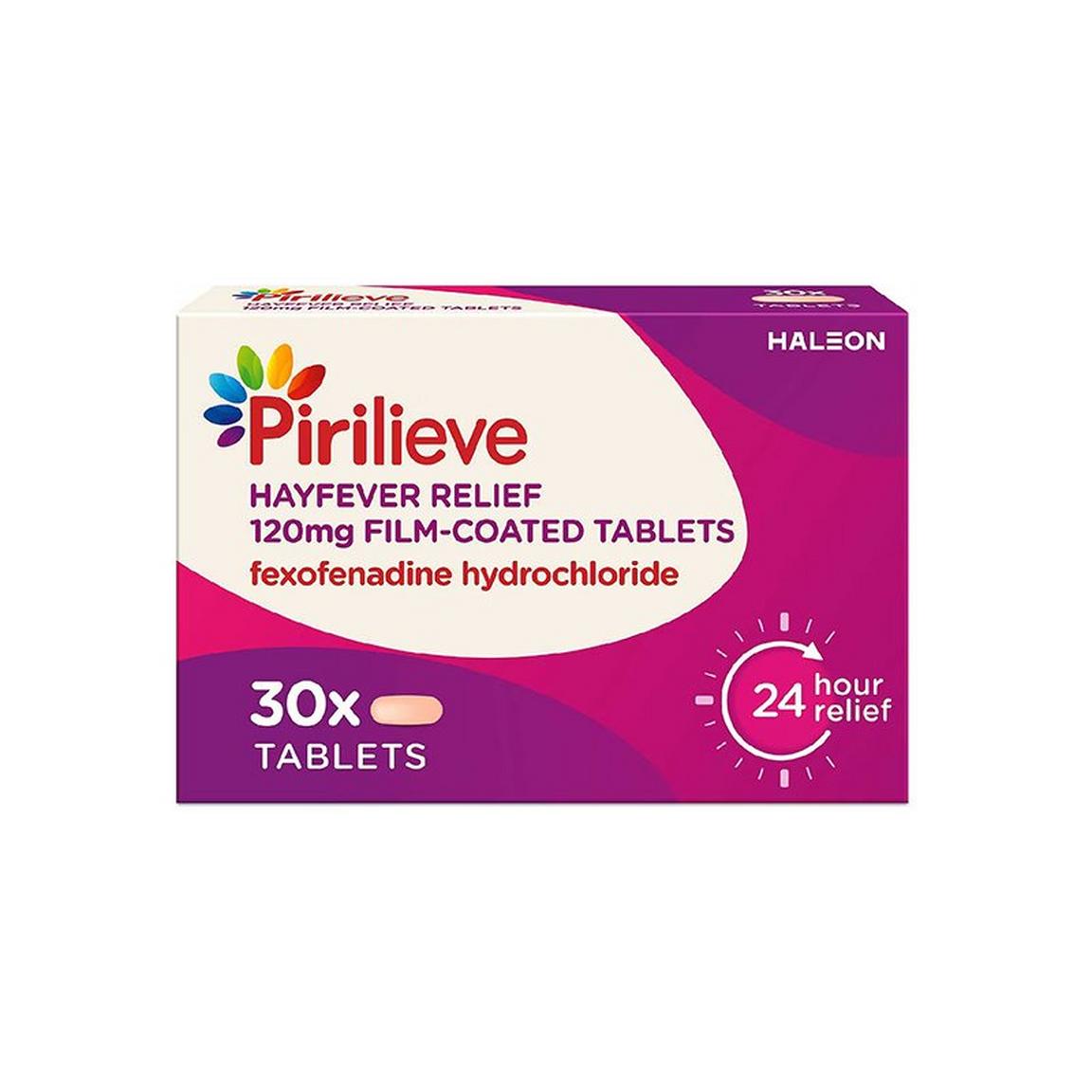 Box of Pirilieve hayfever relief tablets with 24-hour relief and 30 tablets inside.