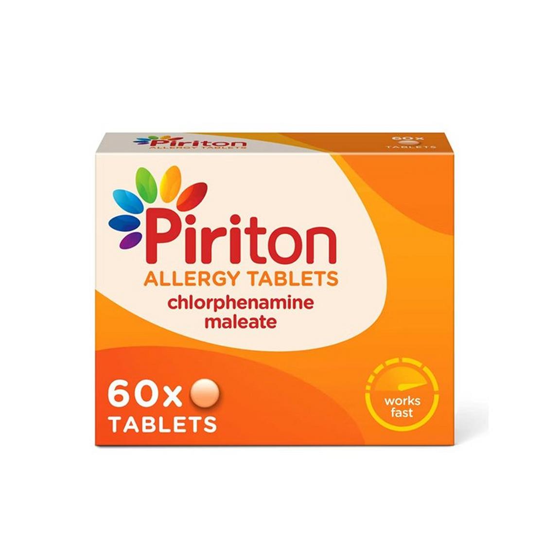 A orange and off-white box of Piriton Antihistamine Allergy Relief Tablets