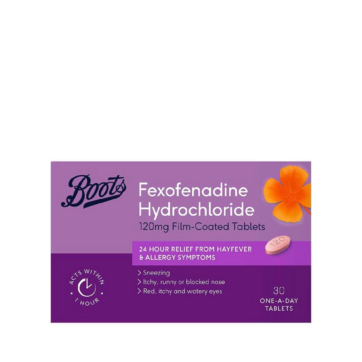 Purple box of Fexofenadine Hydrochloride 120mg tablets with orange flower and a pink tablet illustration.