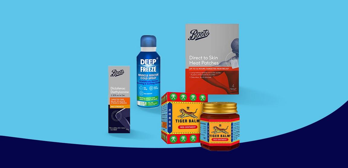 A selection of pain relief products, including Tiger Balm, Boots heat patches, and Deep Freeze spray