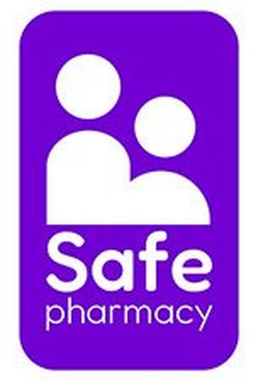 Logo with stylized figures and the words "Safe pharmacy" on a purple background.