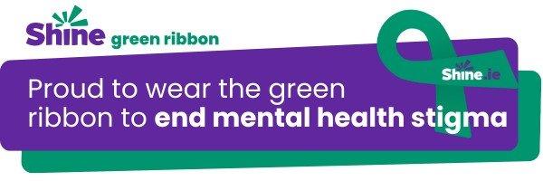 Banner with a green ribbon and text about ending mental health stigma.